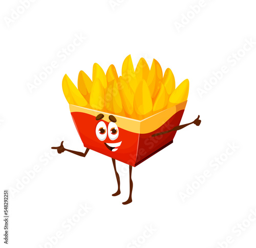 Cartoon fried potato wedges character. Vector fast food potato chops in red carton box. Kawaii fastfood personage, funny takeaway cafe kids menu junk meal. Fried vegetable snack with smiling face