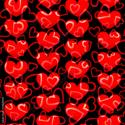 seamless pattern with red hearts, black background, symbol of love, valentine day.