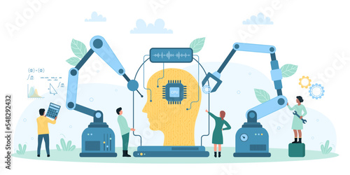 AI, machine learning vector illustration. Cartoon tiny people control futuristic robots and arms to repair tech mind with artificial intelligence in big head, engineering circuits of neural network