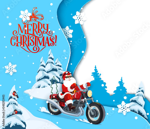 Christmas paper cut cartoon santa on bike and free space background. Vector template for greeting card or banner with funny Father Noel biker hurry to kids by snowy forest with trees 3d layered effect