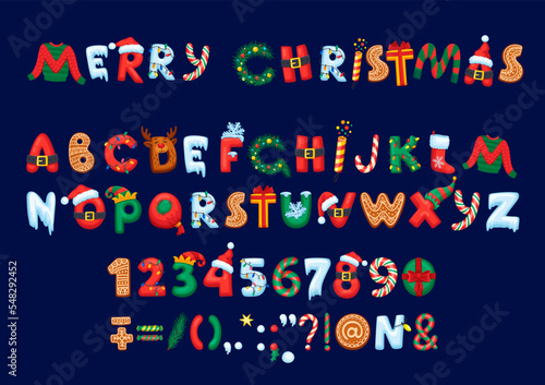 Christmas font or type, cartoon holiday typeface and alphabet. Vector xmas festive abc letters, numbers and signs with santa hat, snow, decorated pine tree, gingerbread cookies, garland and reindeer