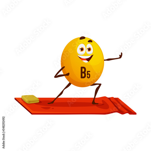 Cartoon cheerful vitamin B5 character on yoga. Vector Pantothenic acid micronutrient personage stand on mat in yogi pose. Comic funny element bubble at wellness class, health care and yoga practice