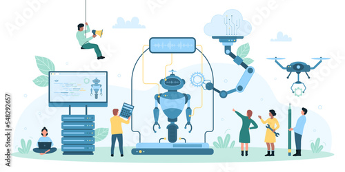 Science robot building technology vector illustration. Cartoon tiny people making cyborg with AI, hardware and programs, engineers programming bot, working with smart machines integration on project