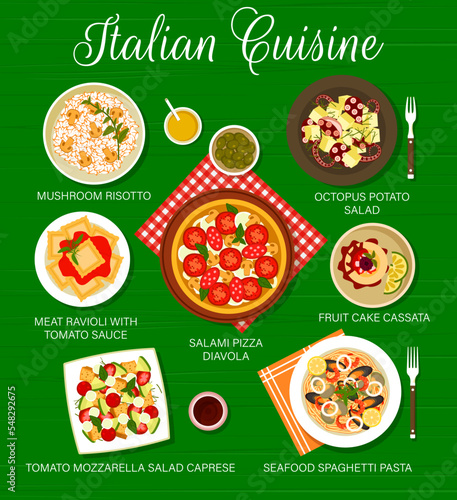 Italian cuisine food menu page. Mushroom risotto, seafood spaghetti pasta and tomato mozzarella salad Caprese, meat ravioli with tomato sauce and cake Cassata, pizza Diavola, octopus potato salad