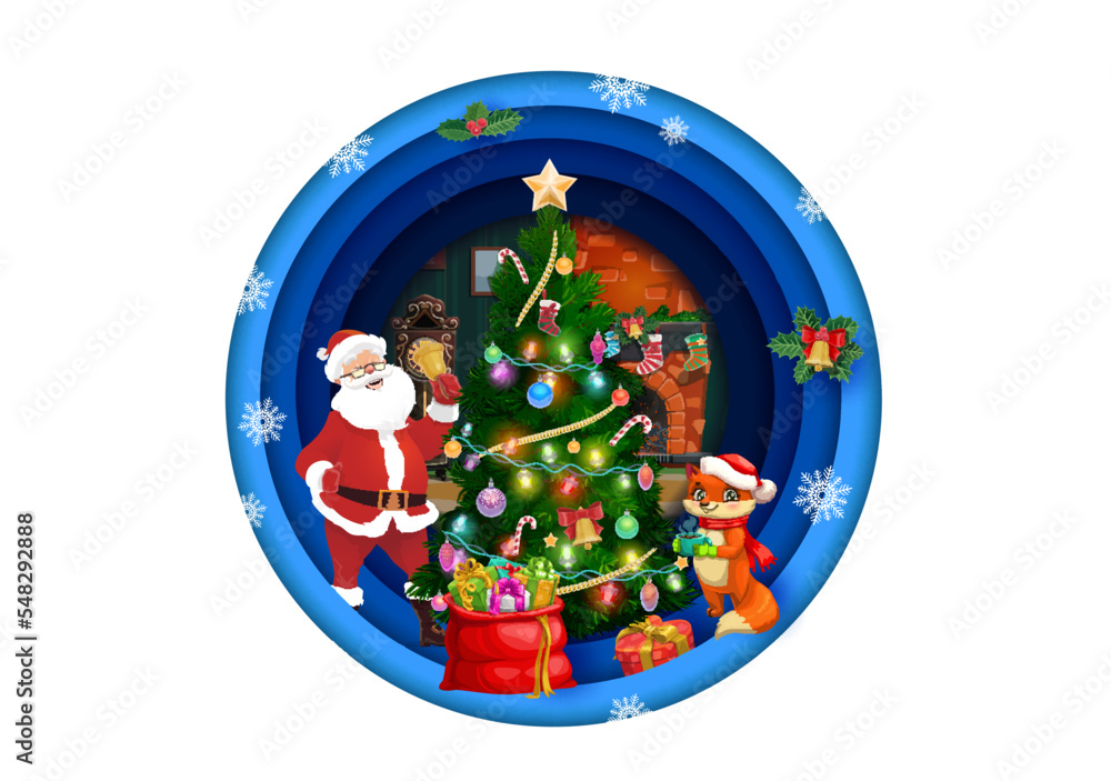 Christmas paper cut round banner. Santa with pine holiday tree, gifts and fireplace interface. Vector double exposition 3d design for xmas celebration with funny Father Noel and fox at festive home