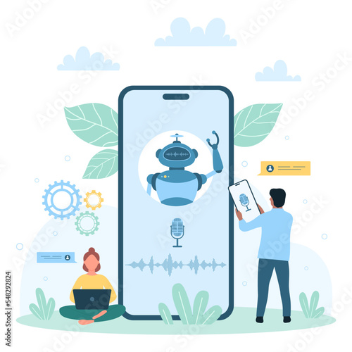 AI chatbot technology vector illustration. Cartoon tiny customers talk with robot in voice chat on phone screen, online help, advices and support service for people from virtual bot of mobile app