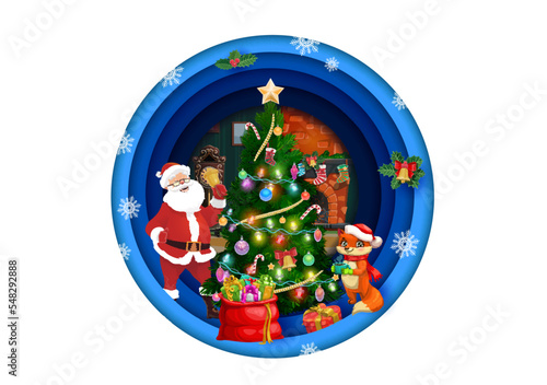 Christmas paper cut round banner. Santa with pine holiday tree, gifts and fireplace interface. Vector double exposition 3d design for xmas celebration with funny Father Noel and fox at festive home
