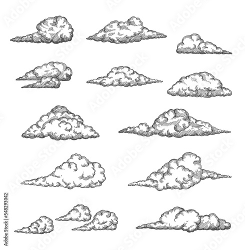 Cloud and cloudiness vintage sketches. Vector hand drawn sky of ancient engraved fluffy clouds, antique map elements. Cloudscape with etching texture of curved air streams, cloudy heaven