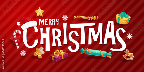 Christmas lettering with holiday items or Santa gifts, vector background. Merry Christmas greeting card text with winter snow and snowflakes, Xmas decoration, candies and gingerbread cookies
