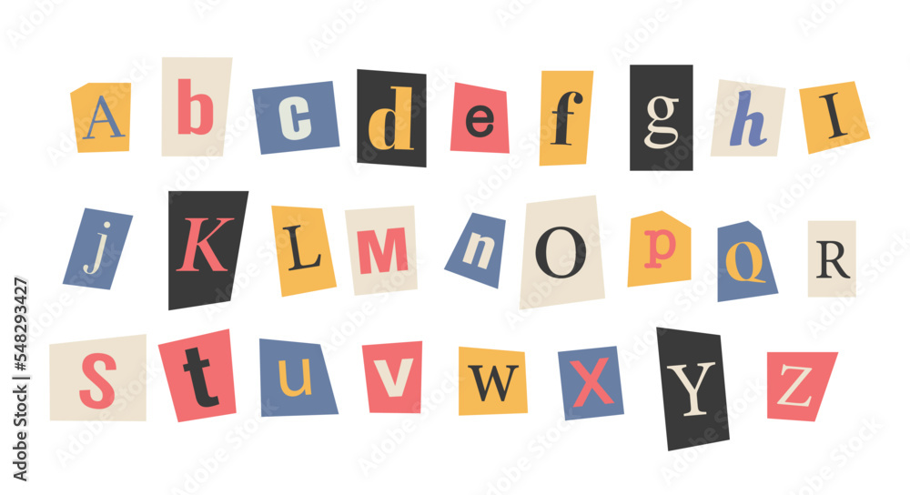 Colorful alphabet with letters from newspapers isolated on white background. Collection of paper letters. Anonymous criminal letters. Vector stock