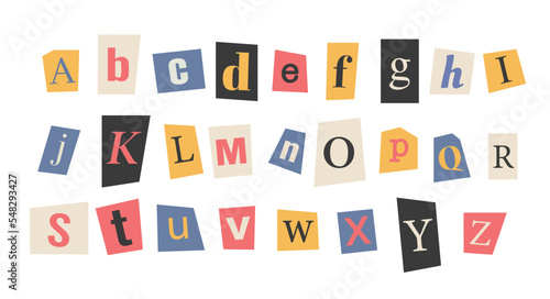Colorful alphabet with letters from newspapers isolated on white background. Collection of paper letters. Anonymous criminal letters. Vector stock