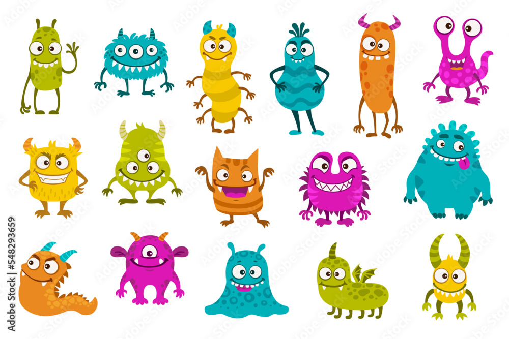 Obraz premium Cartoon funny monster characters. Cute comic creatures, joyful halloween personages isolated vector set. Devils, goblins, aliens kawaii smiling mutants with horns, wings, fangs, eyes, tongues, tails