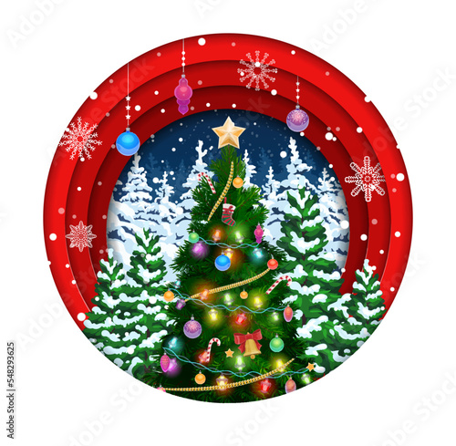 Christmas paper cut with holiday pine tree and decorations. Vector round 3d papercut frame with layered effect, snowflakes and decorated spruce. Xmas greeting card fir-tree with baubles and garlands