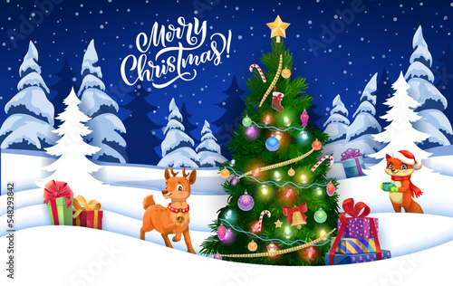 Christmas forest with pine tree, gifts, cartoon animal characters and paper cut snow, vector winter holiday. Merry Christmas greeting card in paper cut layers, reindeer and Santa gifts at Xmas tree