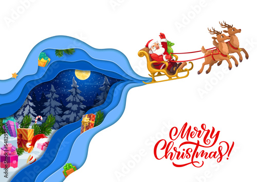 Christmas paper cut cartoon flying santa on sleigh and winter forest with gifts on snow. Vector 3d papercut layered effect card with funny Father noel riding sled over the snowy forest at xmas holiday