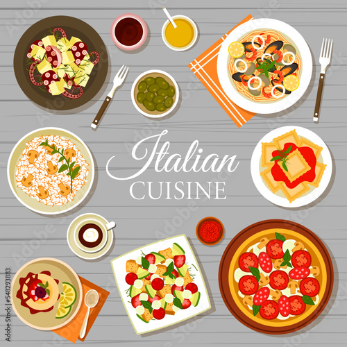 Italian cuisine food menu cover page. Pizza Diavola and seafood spaghetti pasta, ravioli with tomato sauce, cake Cassata and tomato mozzarella salad Caprese, octopus potato salad, mushroom risotto