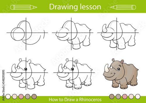 Drawing tutorial and art lesson. How to draw a Rhinoceros. Kids activity page. Children education step by step worksheet. Vector illustration.