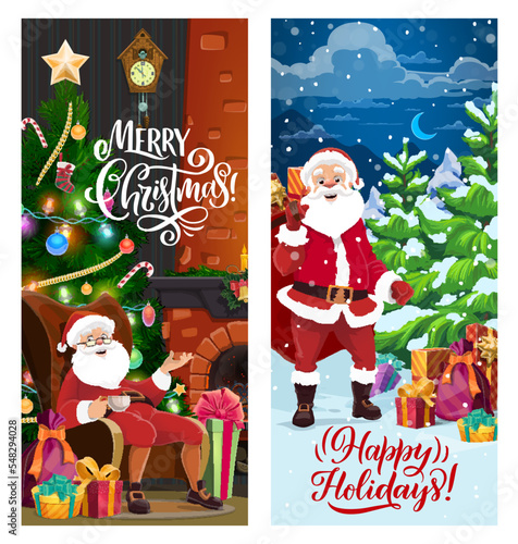 Christmas banners with Santa Claus sitting at fireplace and bringing gifts to xmas tree in snowy forest. Vector vertical cards for winter holidays celebration with funny Father Noels and presents photo