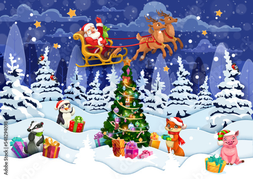 Christmas paper cut forest landscape, cute animals on snow waves and santa on sleigh. Vector 3d papercut layered effect with cartoon Father noel flying on sled, badger, penguin, fox and pig with gifts