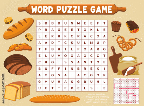 Flour, bread and bakery word search puzzle game worksheet, kids quiz grid. Vector crossword for children with cartoon cookie, muffin, loaf and bagels, brick, bun, croissant and baguette