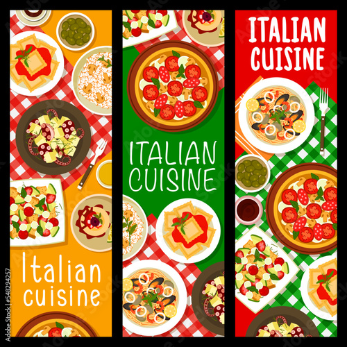 Italian cuisine food vertical banners. Mushroom risotto, pizza Diavola and ravioli with tomato sauce, tomato mozzarella salad Caprese, cake Cassata and octopus potato salad, seafood spaghetti pasta