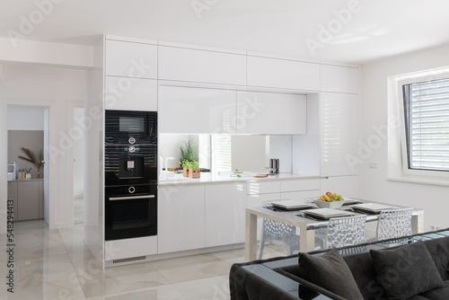 White kitchen with built in appliances in modern apartment