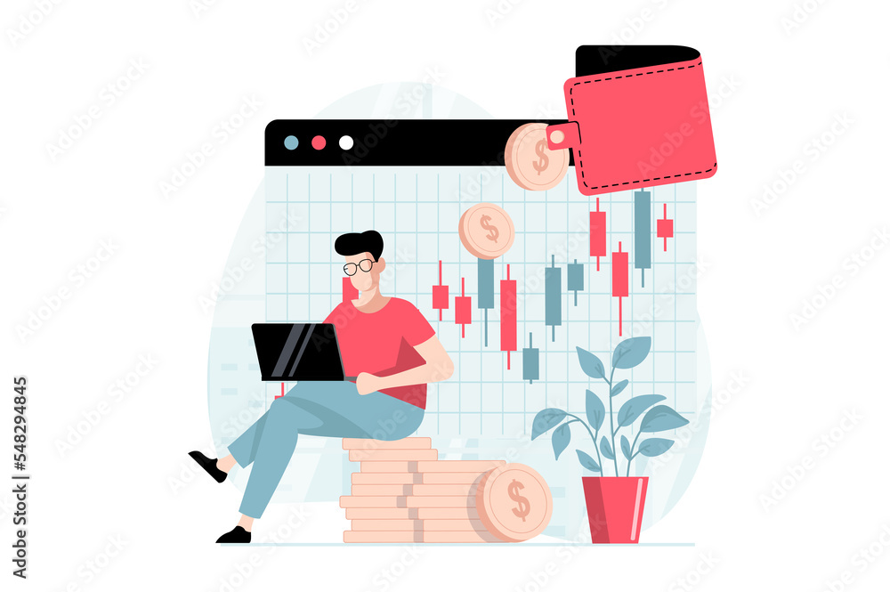 Stock market concept with people scene in flat design. Man analyzes bar chart from laptop, buys and sells shares of company for earning profit. Illustration with character situation for web