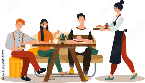 Group friend together eat in restaurant, character people male female rest cozy cafe design isolated on white, flat vector illustration.