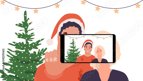 Happy couple on Christmas holiday, taking selfie photo with mobile phone in front of the Christmas tree and garland. Happy man in Santa's hat and woman at home. Vector illustration