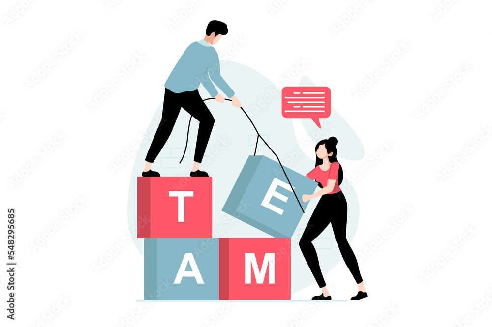 Teamwork concept with people scene in flat design. Man and woman build with blocks, do work tasks, support and help colleagues, team building. Illustration with character situation for web - obrazy, fototapety, plakaty 
