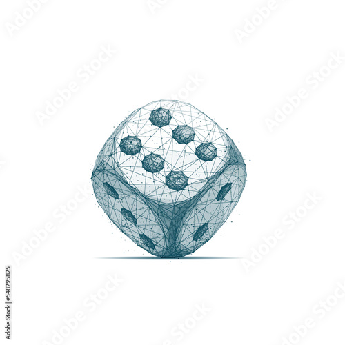 Isolated vector dice on white background. Polygonal abstract illustration. Low poly gaming cube. Front view. Digital geometric image of casino signs. 