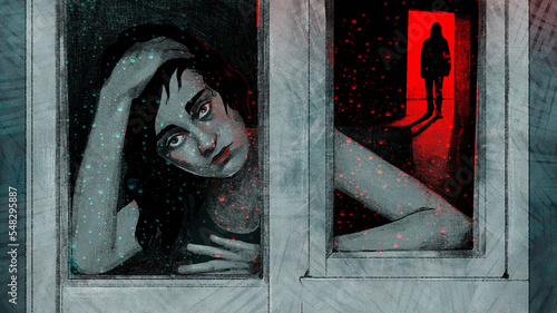 Helpless girl trapped in room with ominous figure in doorway