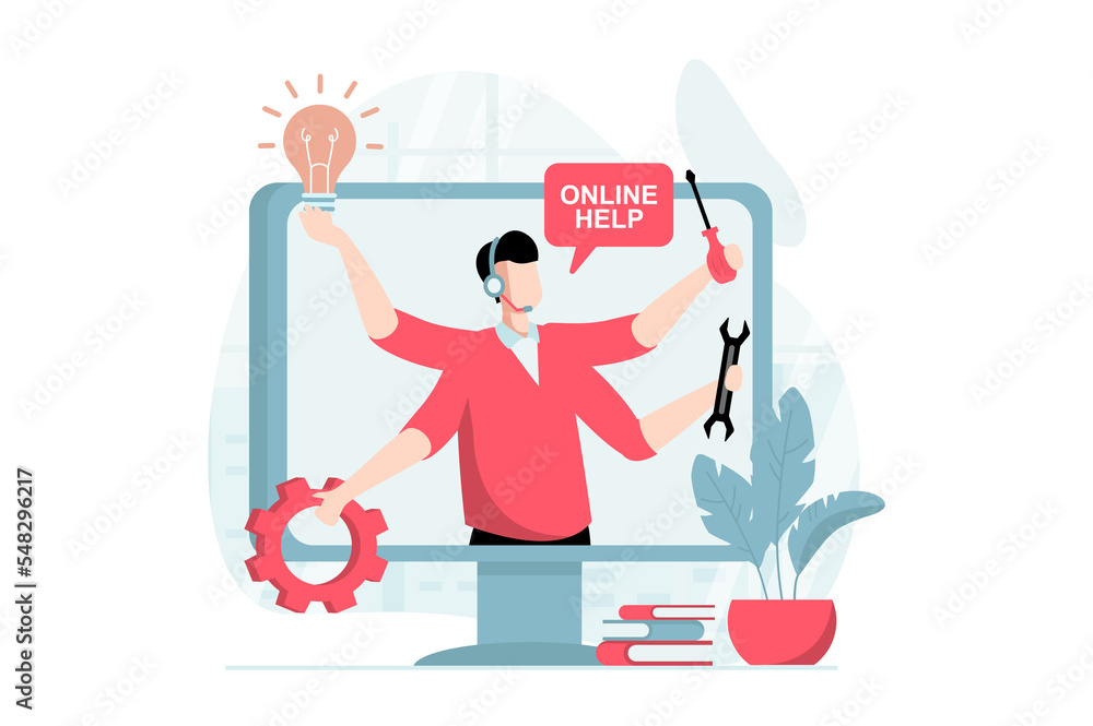 Technical support concept with people scene in flat design. Man in headset with tools helping to solve problems with computers and repairs online. Illustration with character situation for web