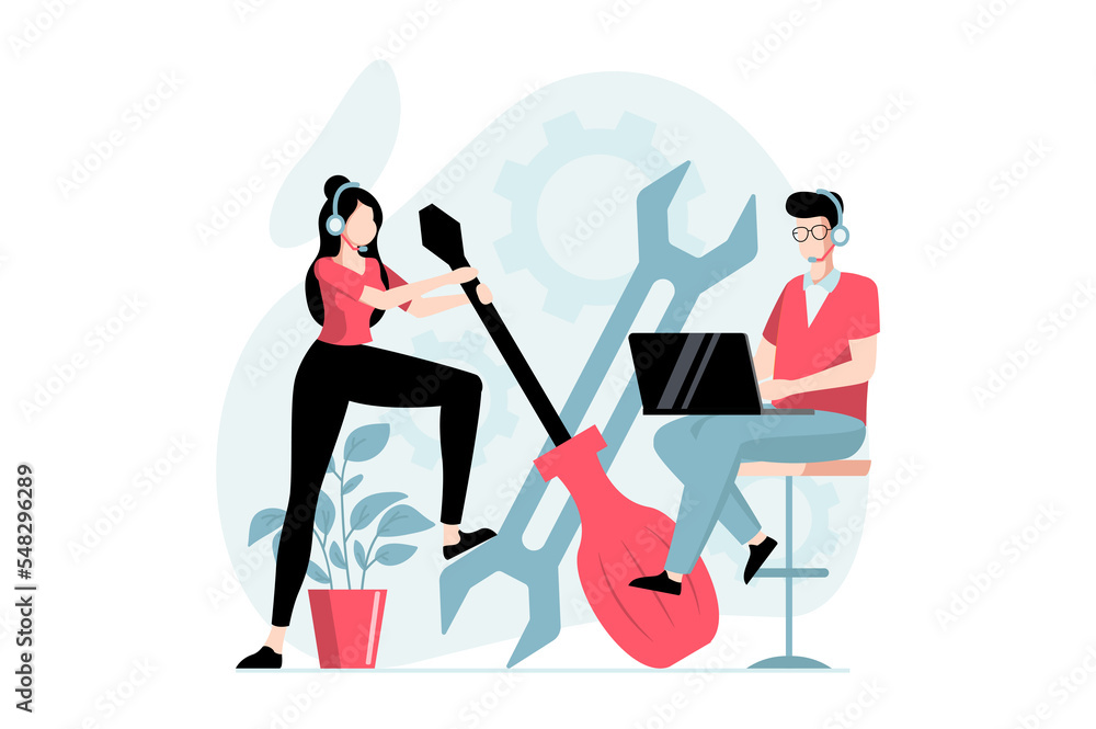 Technical support concept with people scene in flat design. Man and woman in headset answer customer questions, help with troubles and settings. Illustration with character situation for web