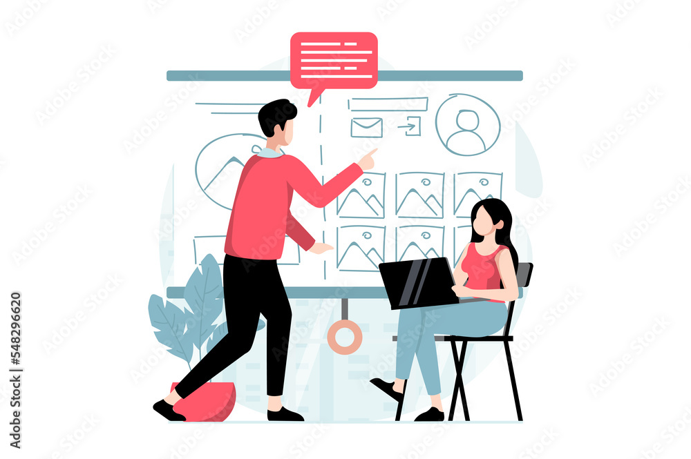 UI and UX design concept with people scene in flat style. Man and woman ...