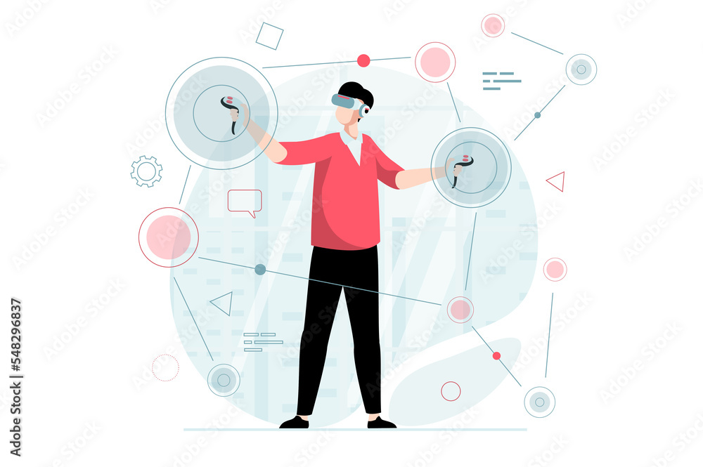 Virtual reality concept with people scene in flat design. Man in VR ...