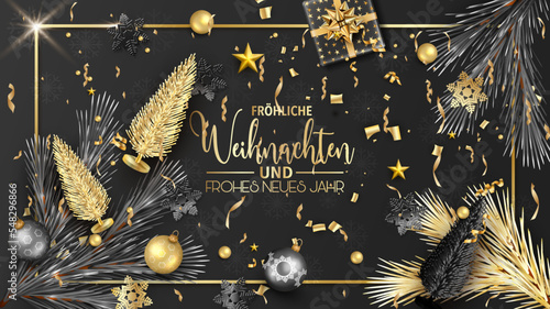 Karte oder Banner, um frohe Weihnachten und ein glückliches neues Jahr in Gold in einem Rechteck auf schwarzem Hintergrund mit Tannenbäumen, Geschenken, Tannenzweigen, Ball, Stern, Luftschlangen in Go