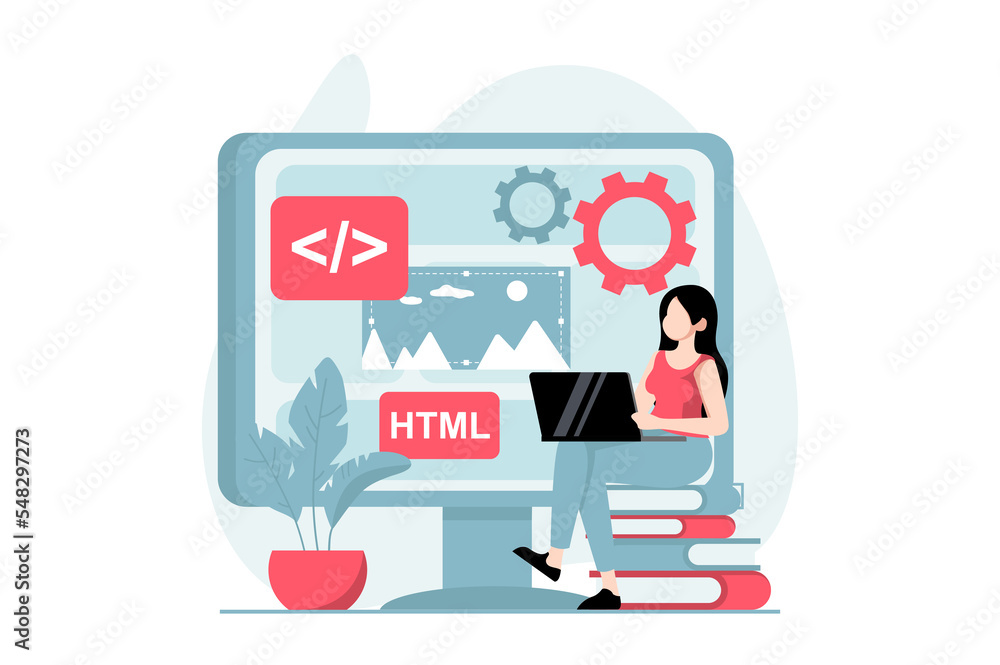 Web development concept with people scene in flat design. Woman ...