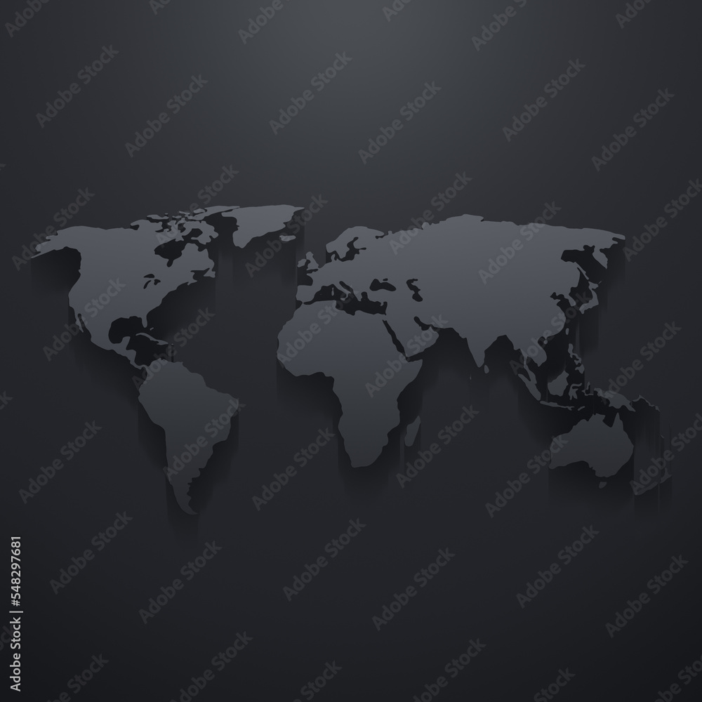 Gray world map with light effect and shadow on a dark grey background. High resolution clean and modern world map in black and white. Gray world map with light effect and shadow on a dark grey background. High resolution clean and modern world map in black and white.