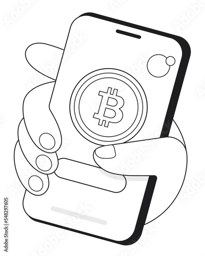 Buying or selling cryptocurrency in the application. Black and white vector illustration for website or digital content. Buying bitcoin (ID: 548297605)