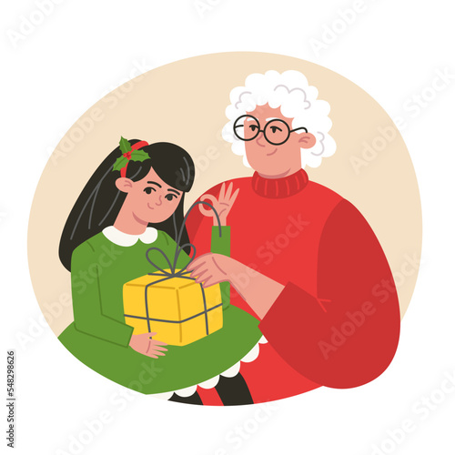 Christmas family portrait grandmother and granddaughter in flat style