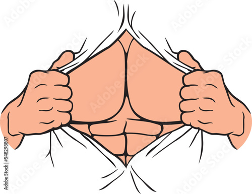Superhero Open Shirt. Man Tear Away. Ripped or Open Shirt. Hand Ripping Clothes. Vector Illustration