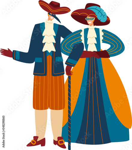 Character male female middle age europe traditional costume carnaval people, traditional mexico suit isolated on white, retro vintage vector illustration