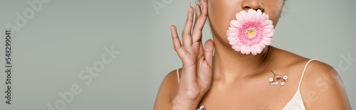 cropped view of african american woman with flowers on body and gerbera in mouth isolated on grey  banner.