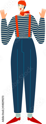 Circus mime male character, cheerful smiling mute clown show performance isolated on white, flat vector illustration. Traditional europe jester costume.