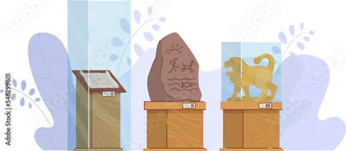 Museum exhibit stuff, glass protective box stand historical ancient showpiece isolated on white, flat vector illustration.