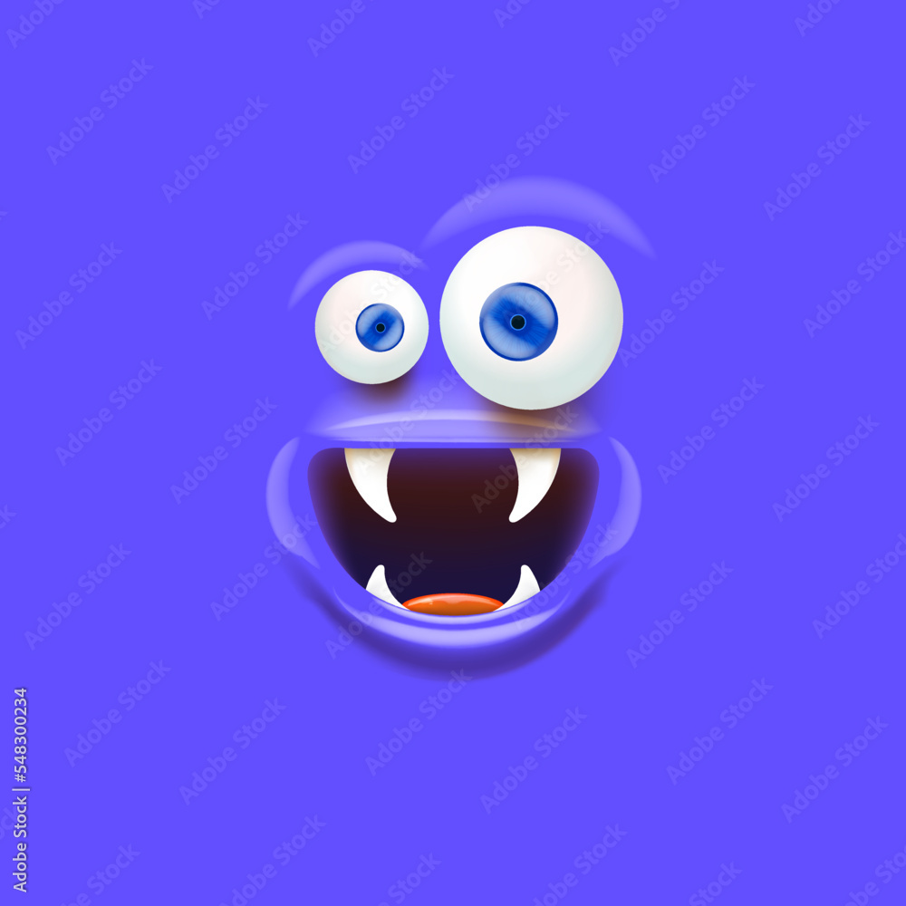 Vector funny blue monster face with open mouth with fangs and eyes isolated on blue background. Halloween cute and funky monster design template for poster, banner and tee print Vector funny blue monster face with open mouth with fangs and eyes isolated on blue background. Halloween cute and funky monster design template for poster, banner and tee print