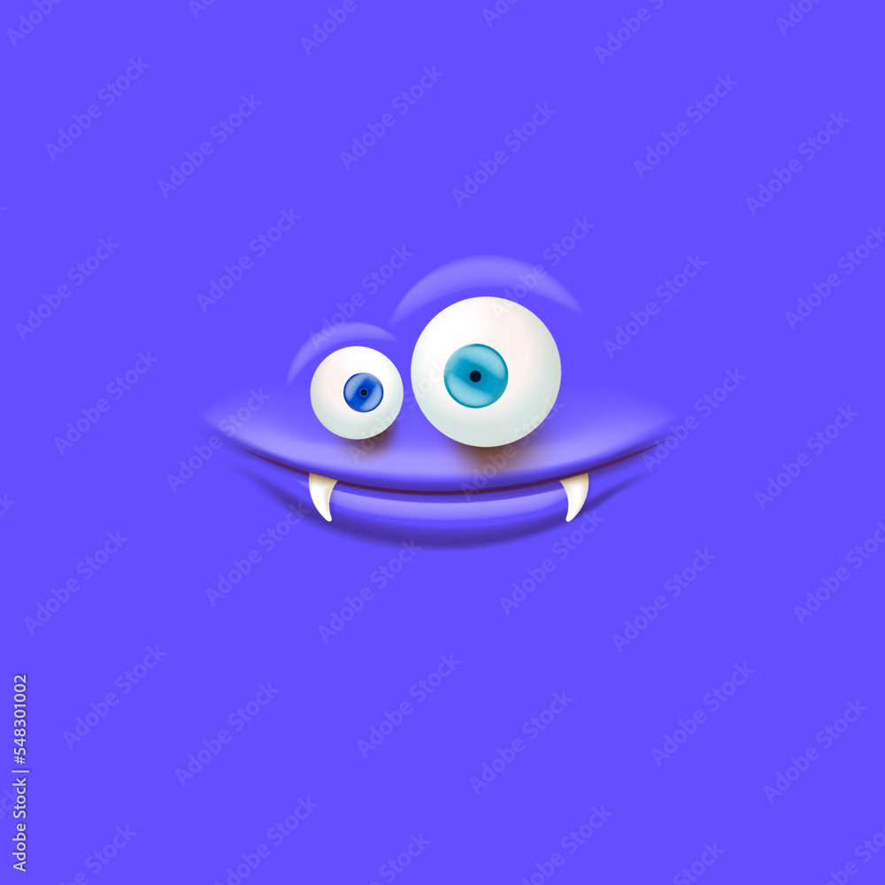 Vector funny blue monster face with open mouth with fangs and eyes isolated on blue background. Halloween cute and funky monster design template for poster, banner and tee print Vector funny blue monster face with open mouth with fangs and eyes isolated on blue background. Halloween cute and funky monster design template for poster, banner and tee print
