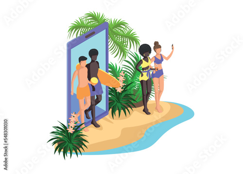 Isometric background beach with people who sunbathe on sun loungers, go swimming with a surfboard, girls take selfies, people sunbathe and relax. Vector illustration. Summer vacation on the beach.