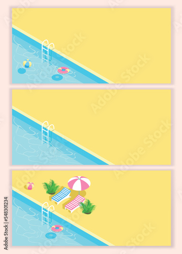 Isometric swimming pool with stairs and transparent water. Summer vacation by the pool. Colorful image of summer fun. Vector set of backgrounds.